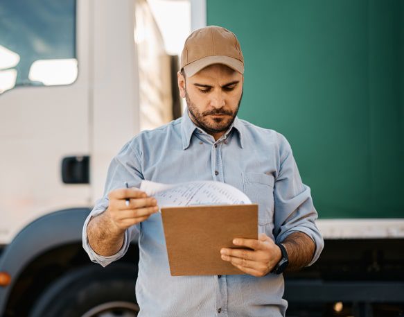 A Trucker Reviews Information On A Clipboard