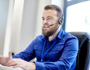 DAT People Broker Talking Headset Computer Blue Shirt