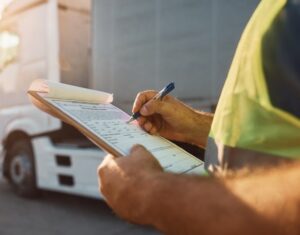 A Trucker Writes On A Clipboard Min