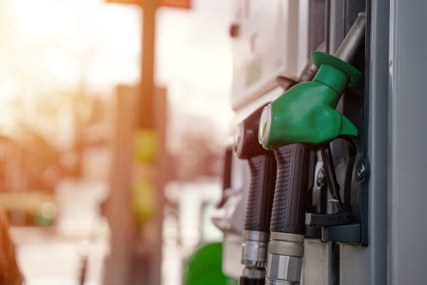 A gas pump with diesel and gas hoses.