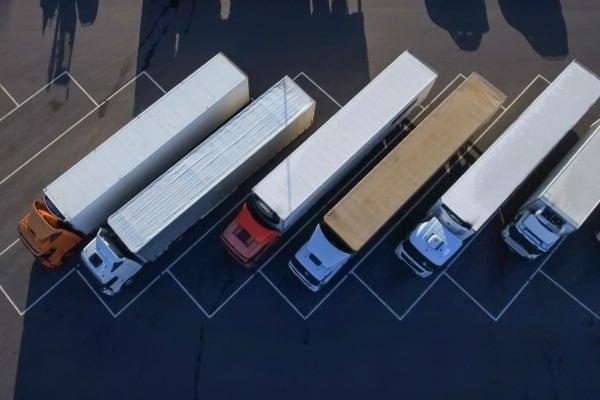 A row of trucks sits in a parking lot.