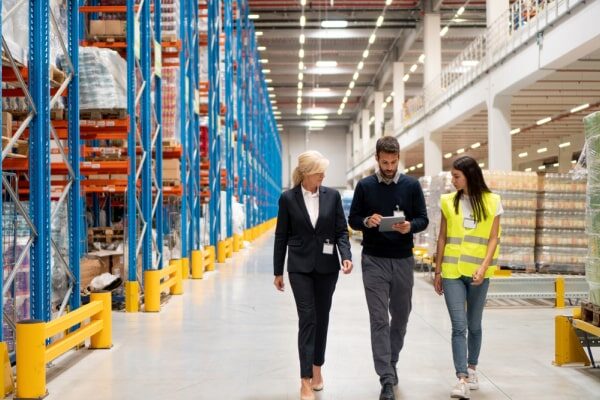 Freight shipping manager talks to a carrier in the warehouse.