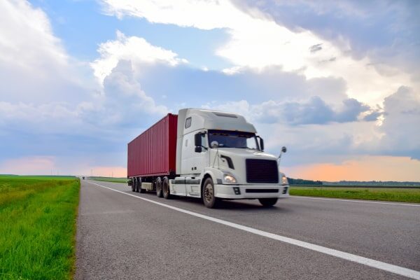 Intermodal transportation vehicle driving on the highway.